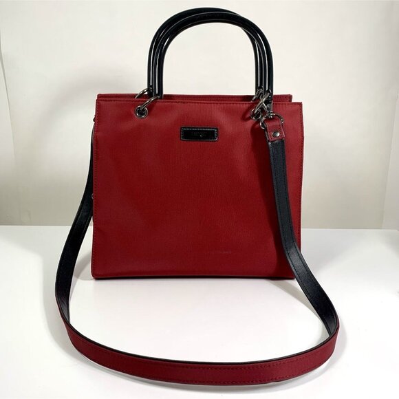 ESPRIT Red Black Fabric Purse Double Top Resin Handle Handbag w/ Shoulder Strap - Picture 1 of 14
